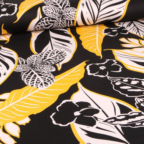 Tissu Coton Satiné extensible Grandes feuilles jaune sur fond Noir