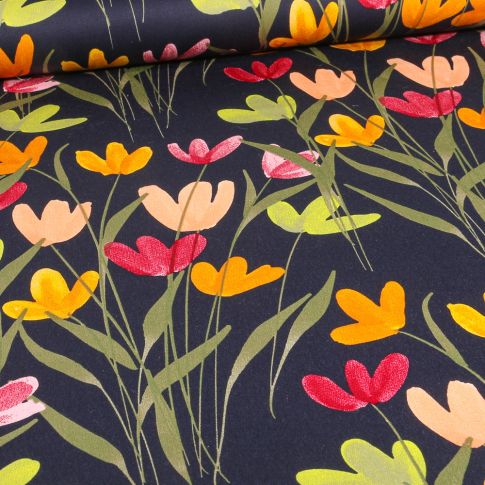 Tissu Coton Satiné extensible Tulipes sur fond Bleu marine
