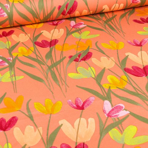 Tissu Coton Satiné extensible Tulipes sur fond Saumon