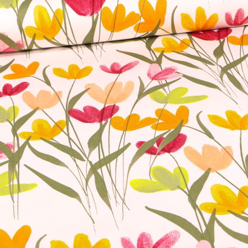 Tissu Coton Satiné extensible Tulipes sur fond Blanc