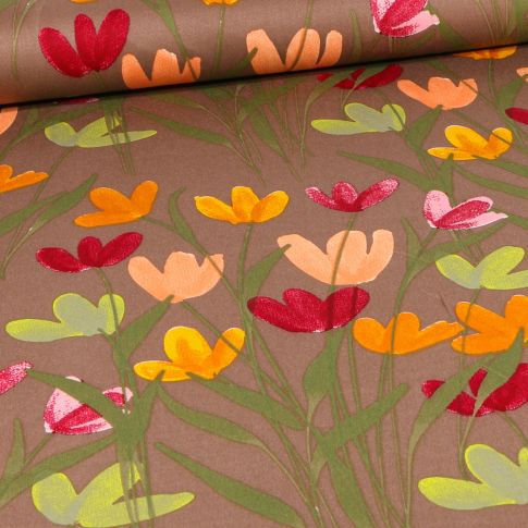 Tissu Coton Satiné extensible Tulipes sur fond Marron chocolat