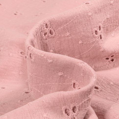 Tissu Double gaze ajouré brodé Lou sur fond Rose pâle