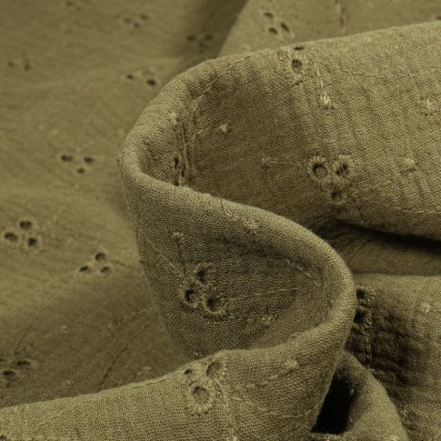 Tissu Double gaze ajouré brodé Lou sur fond Vert kaki