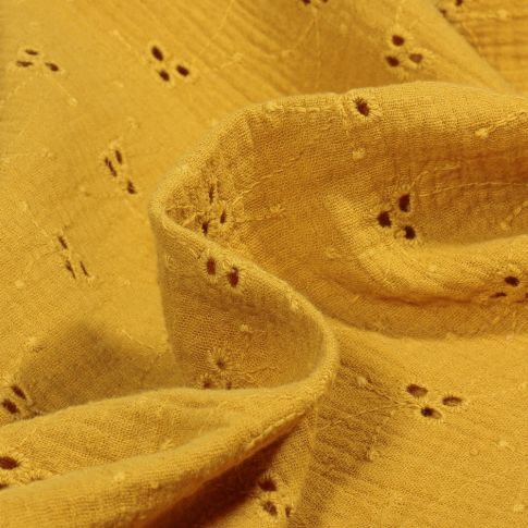 Tissu Double gaze ajouré brodé Lou sur fond Ocre