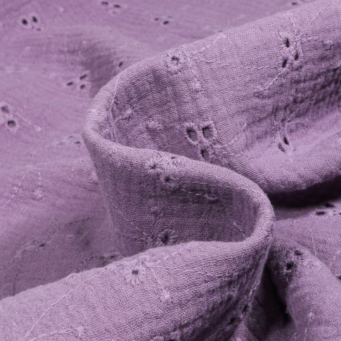 Tissu Double gaze ajouré brodé Lou sur fond Violet