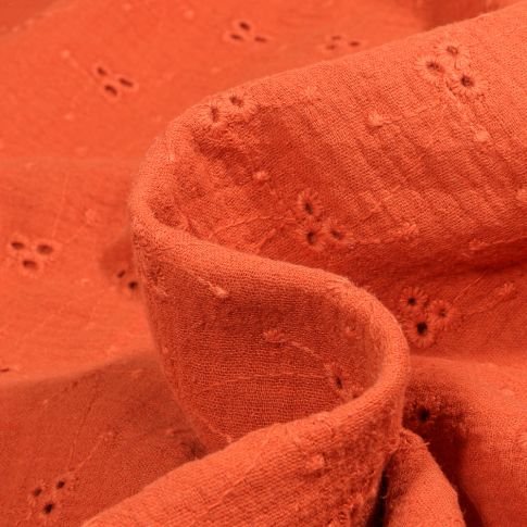 Tissu Double gaze ajouré brodé Lou sur fond Orange