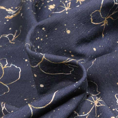 Tissu Jersey Coton Bio Fleurs dorés métallisé sur fond Bleu marine