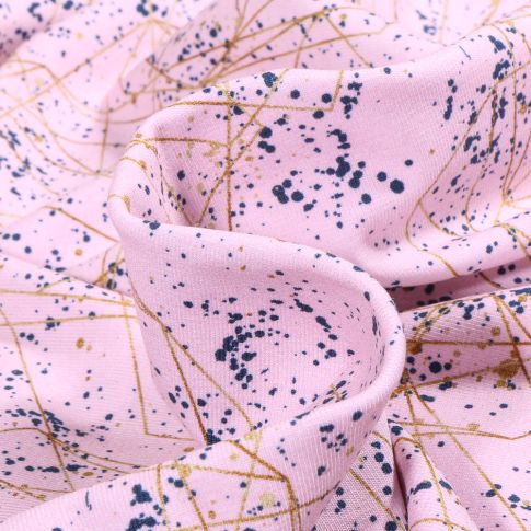 Tissu Jersey Coton Taches et lignes géométriques dorés sur fond Rose pâle