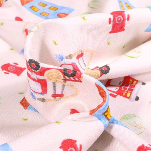 Tissu Jersey Coton Bio Caserne de pompier sur fond Blanc cassé