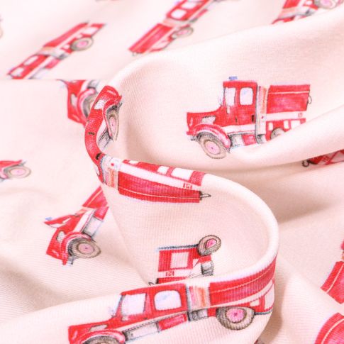 Tissu Jersey Coton Bio Camion pompier sur fond Ecru