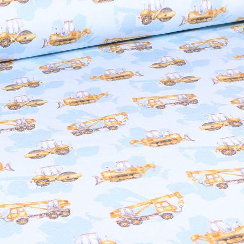 Tissu Jersey Coton Bio Camions de chantier sur fond Bleu