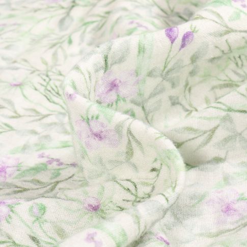 Tissu Double gaze imprimé Bio Violette sur fond Blanc cassé