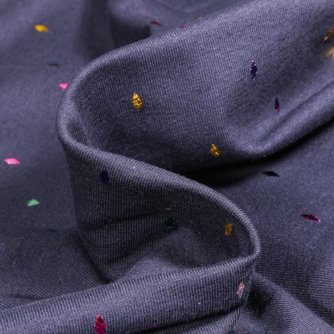Tissu Jersey Coton Losanges multicolores métallisés sur fond Bleu marine