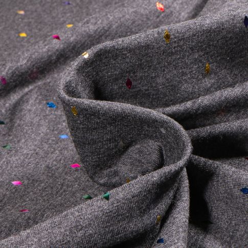 Tissu Jersey Coton Losanges multicolores métallisés sur fond Gris foncé chiné