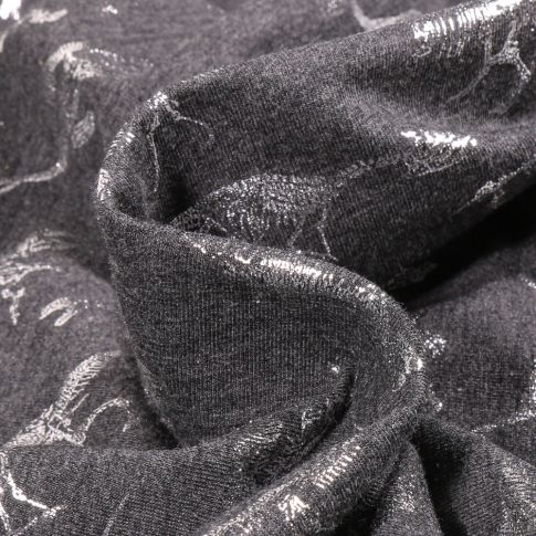 Tissu Jersey Coton Squelettes Dino métallisé sur fond Gris anthracite chiné