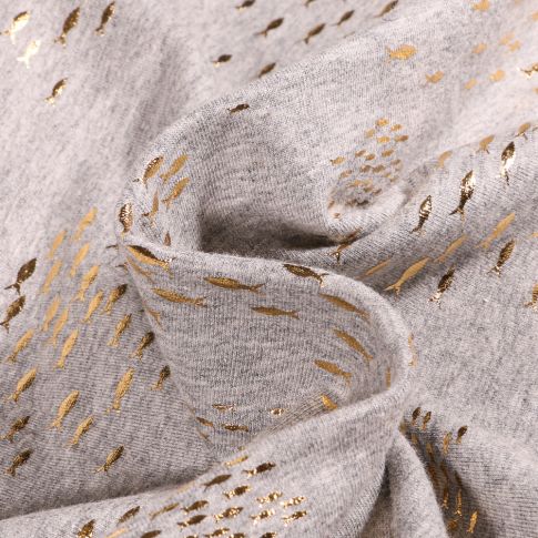 Tissu Jersey Coton Petits poissons métallisés sur fond Gris chiné
