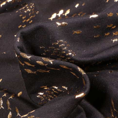 Tissu Jersey Coton Petits poissons métallisés sur fond Noir
