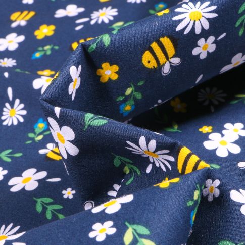 Tissu Coton imprimé LittleBird Abeilles et marguerite sur fond Bleu marine