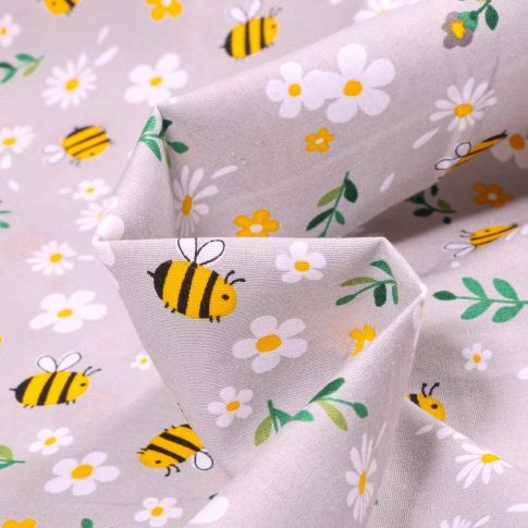 Tissu Coton imprimé LittleBird Abeilles et marguerite sur fond Gris clair