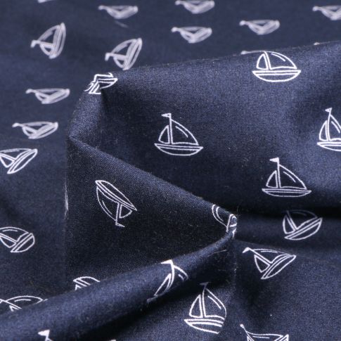 Tissu Coton imprimé Petits bateaux à voile sur fond Bleu marine
