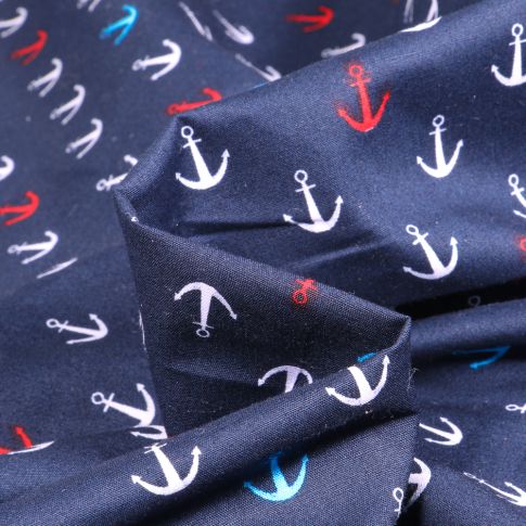 Tissu Coton imprimé Ancre marine 1.5 cm bleu blanc rouge sur fond Bleu marine