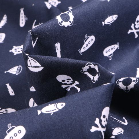 Tissu Coton imprimé Nautique et têtes de mort sur fond Bleu marine