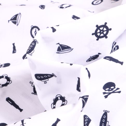 Tissu Coton imprimé Motifs marins et têtes de mort sur fond Blanc