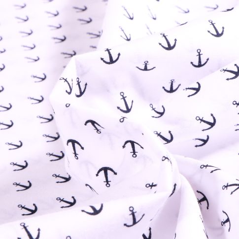 Tissu Coton imprimé Ancre marine 1 cm sur fond Blanc
