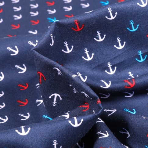 Tissu Coton imprimé Ancre marine 1 cm bleu blanc rouge sur fond Bleu marine