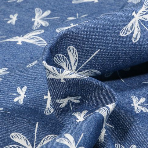 Tissu Jeans Libellules sur fond Bleu