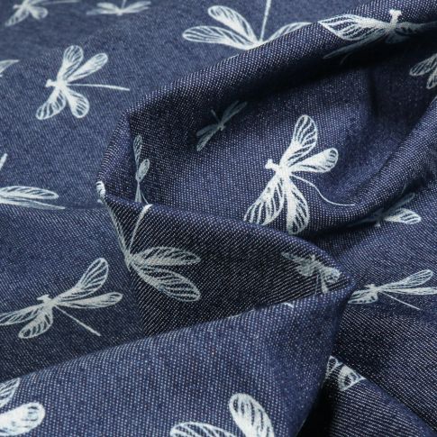 Tissu Chambray Libellules  blanches sur fond Bleu denim
