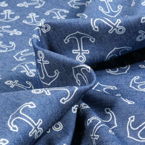 Tissu Chambray Ancre marine blanches sur fond Bleu denim