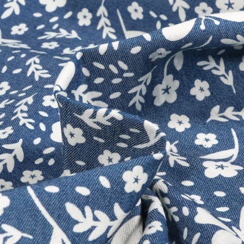 Tissu Chambray Papillons et fleurs sur fond Bleu denim