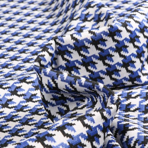 Tissu Jacquard extensible Pied de poule bleu sur fond Blanc