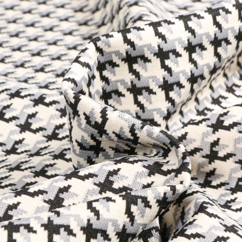 Tissu Jacquard extensible Pied de poule gris sur fond Blanc