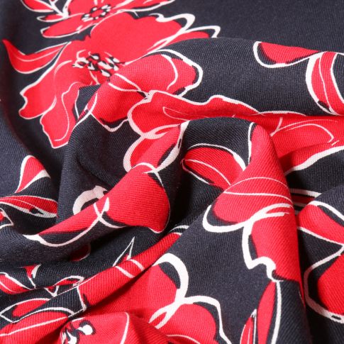Tissu Viscose Twill Meissa rouge sur fond Bleu marine