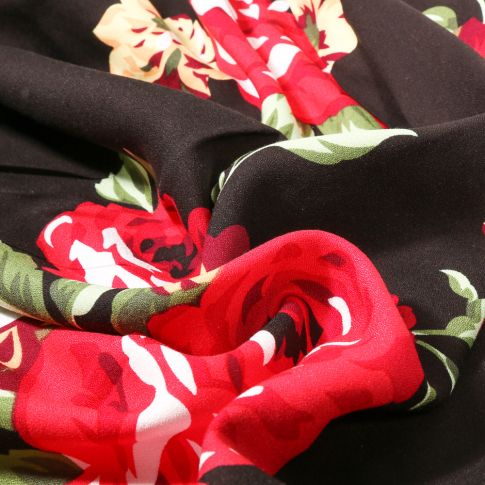 Tissu Crêpe de Viscose Flowers Rouge sur fond Noir