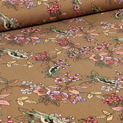 Tissu Viscose Birds & flowers sur fond Camel
