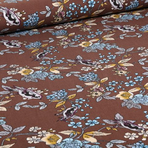 Tissu Viscose Twill Birds & flowers sur fond Marron chocolat