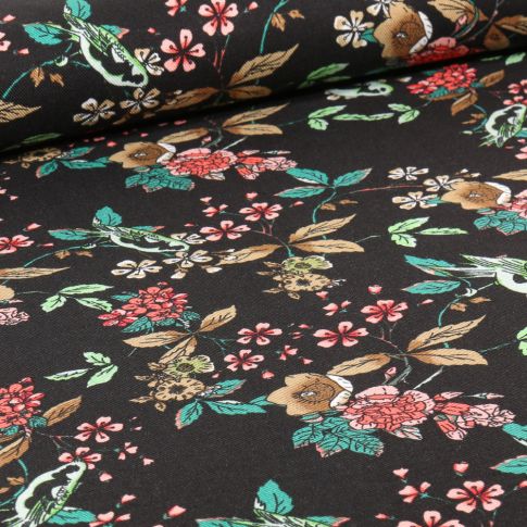 Tissu Viscose Birds & flowers sur fond Noir