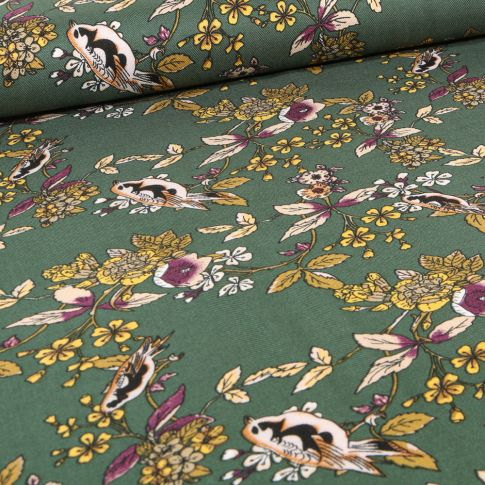Tissu Viscose Birds & flowers sur fond Vert kaki