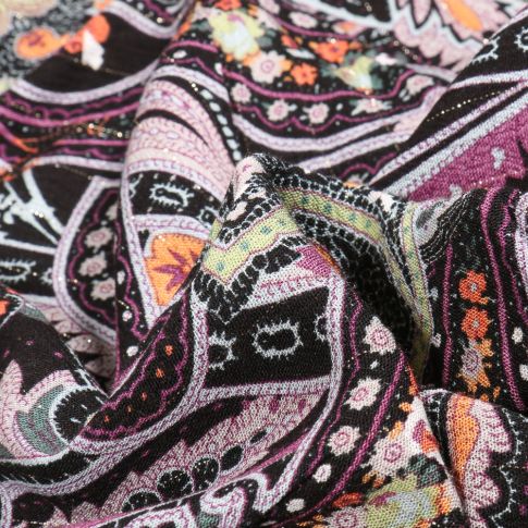 Tissu Viscose lurex Paisley multicolore sur fond Noir