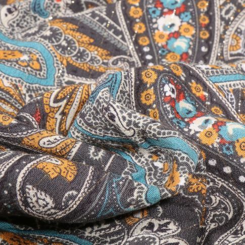 Tissu Viscose lurex Paisley multicolore sur fond Gris anthracite
