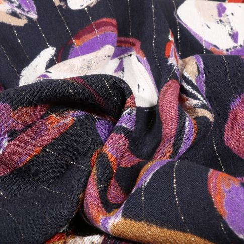 Tissu Crépon viscose lurex Noura violet sur fond Bleu marine