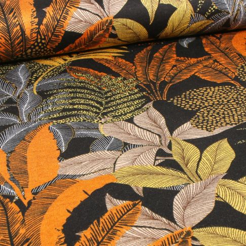 Tissu Jersey Polyviscose Pois et fleurs orange sur fond Noir