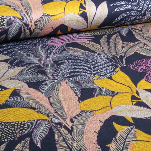 Tissu Jersey Polyviscose  Pois et fleurs  violet sur fond Bleu marine