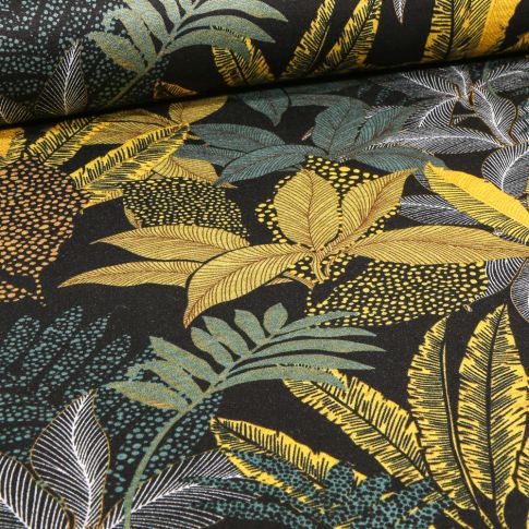 Tissu Jersey Polyviscose Pois et fleurs jaune sur fond Noir