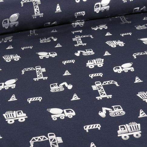 Tissu Jersey Coton Engins de chantier métalissés sur fond Bleu marine