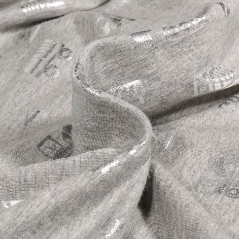Tissu Jersey Coton Engins de chantier métalissés sur fond Gris clair chiné