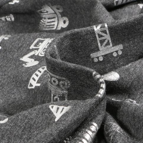 Tissu Jersey Coton Engins de chantier métalissés sur fond Gris foncé chiné